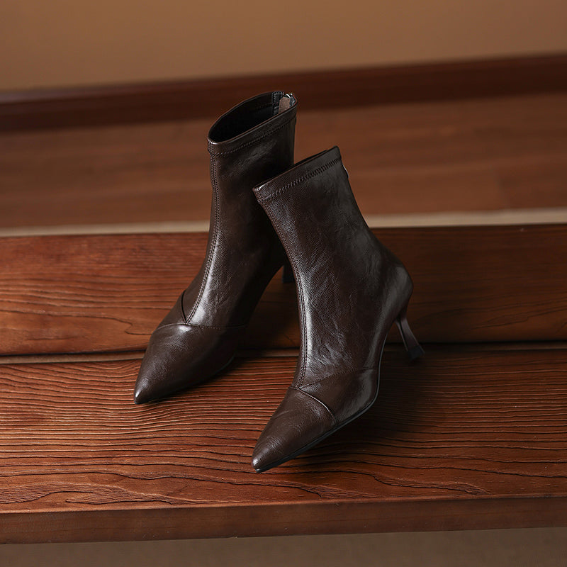 Women's Stretch Leather Ankle Boots Pointed Toe Kitten Stiletto High Heel Sock Booties