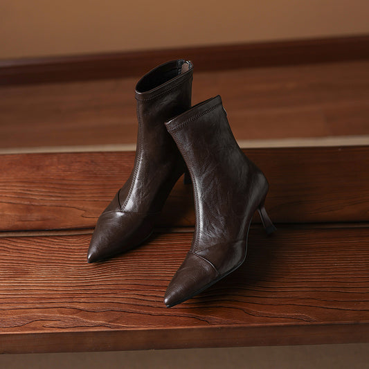 Women's Stretch Leather Ankle Boots Pointed Toe Kitten Stiletto High Heel Sock Booties