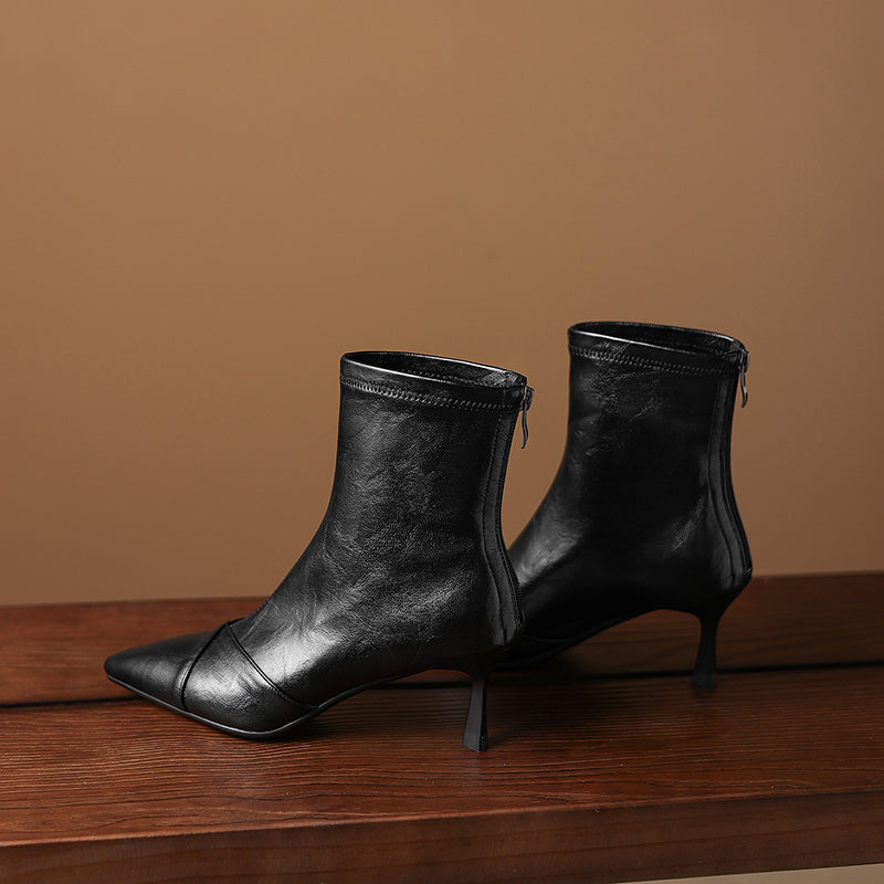 Women's Stretch Leather Ankle Boots Pointed Toe Kitten Stiletto High Heel Sock Booties