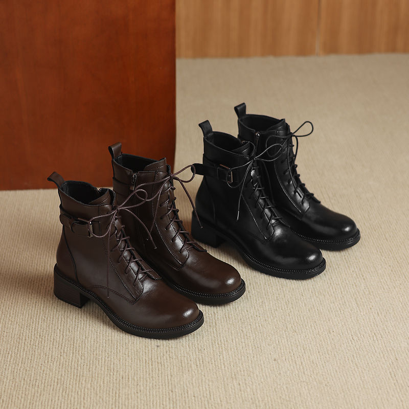 Women's Retro Cowhide Ankle Boots Round Toe Lace-up Buckle Strap Chunky High Heel Combat Booties