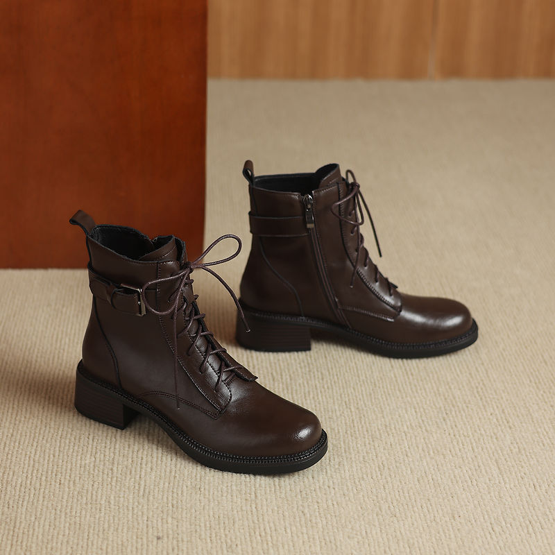 Women's Retro Cowhide Ankle Boots Round Toe Lace-up Buckle Strap Chunky High Heel Combat Booties