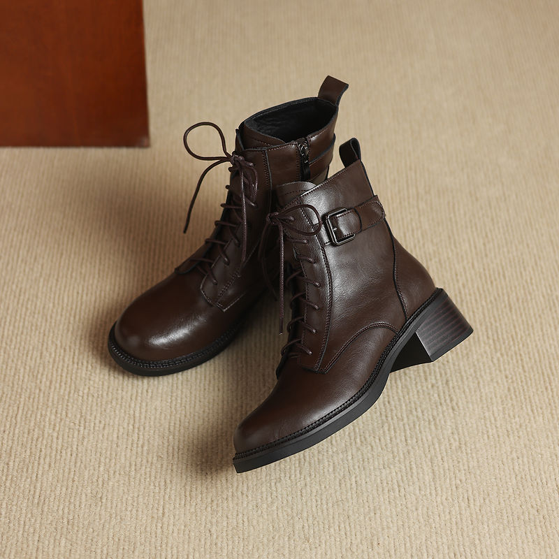 Women's Retro Cowhide Ankle Boots Round Toe Lace-up Buckle Strap Chunky High Heel Combat Booties