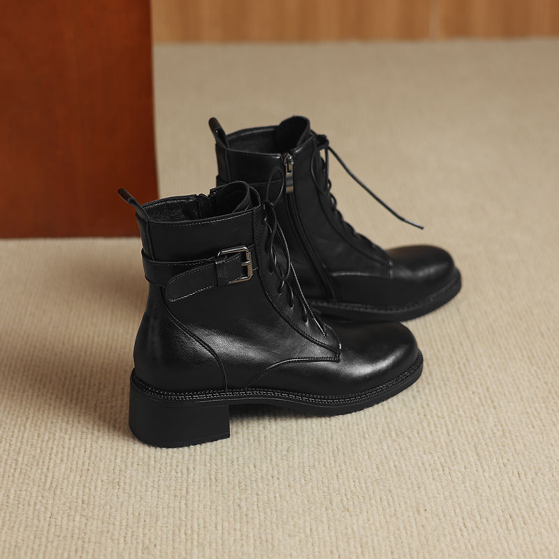 Women's Retro Cowhide Ankle Boots Round Toe Lace-up Buckle Strap Chunky High Heel Combat Booties