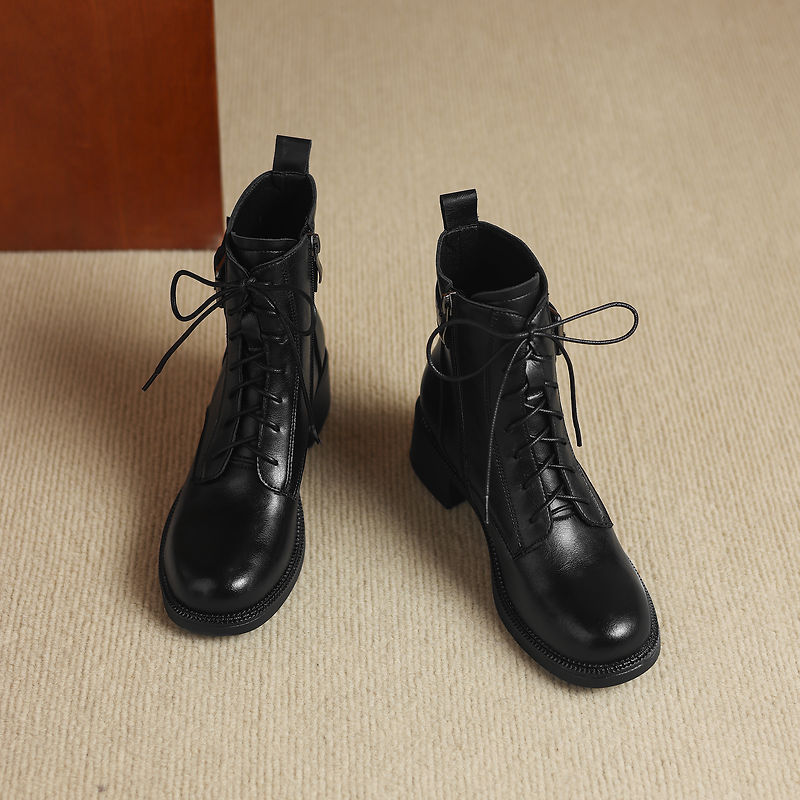 Women's Retro Cowhide Ankle Boots Round Toe Lace-up Buckle Strap Chunky High Heel Combat Booties