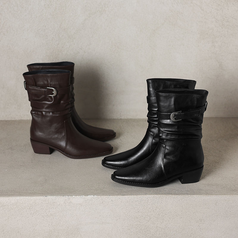 Women's Genuine Leather Western Boots Winter Slouchy Square Toe Block Heel Mid-Calf Boots