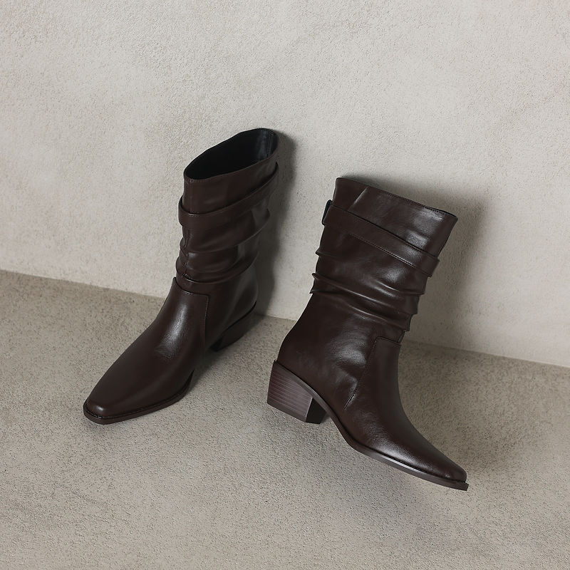 Women's Genuine Leather Western Boots Winter Slouchy Square Toe Block Heel Mid-Calf Boots