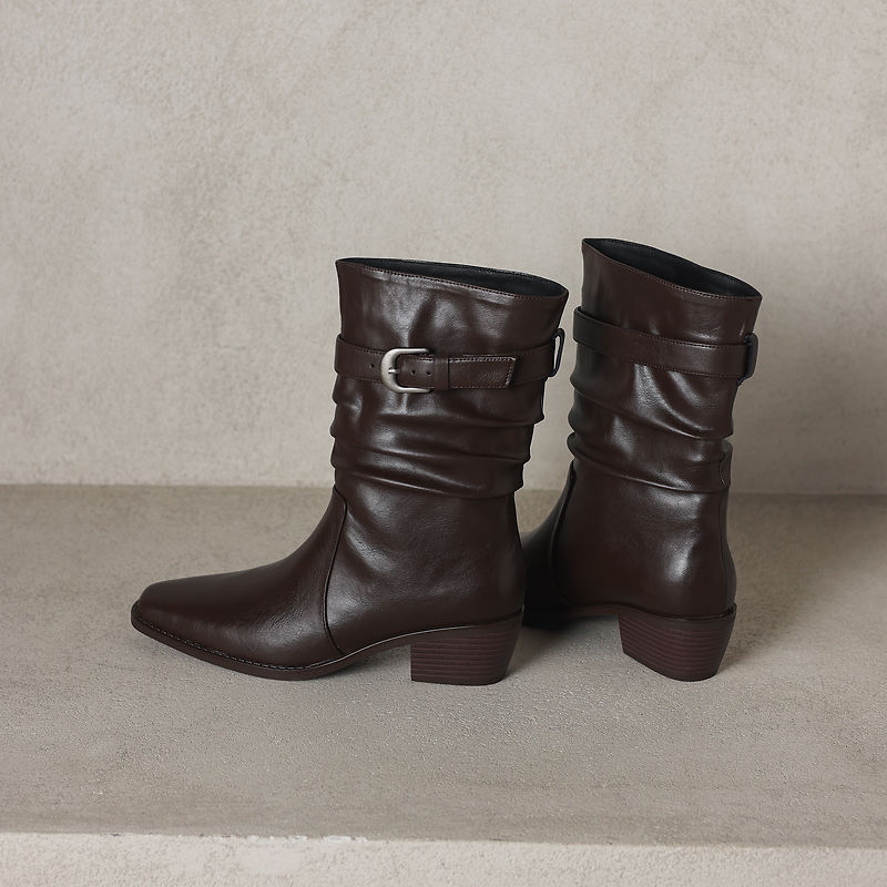 Women's Genuine Leather Western Boots Winter Slouchy Square Toe Block Heel Mid-Calf Boots
