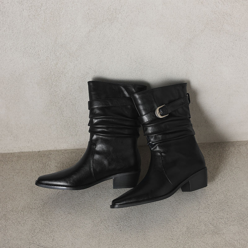 Women's Genuine Leather Western Boots Winter Slouchy Square Toe Block Heel Mid-Calf Boots
