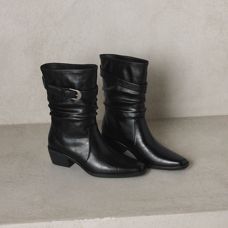Women's Genuine Leather Western Boots Winter Slouchy Square Toe Block Heel Mid-Calf Boots