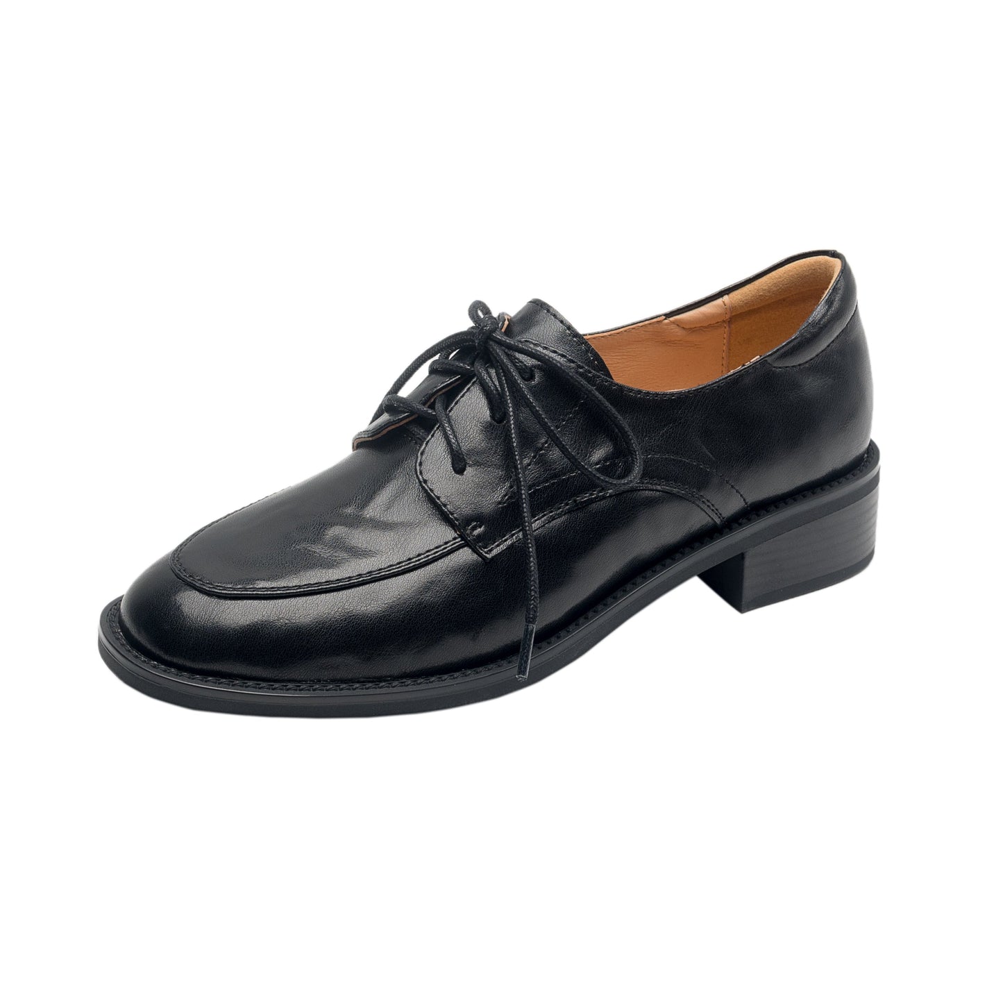 Women's Genuine Leather Casual Shoes Spring Fall Round Toe Lace-up Chunky Mid Heel Oxfords