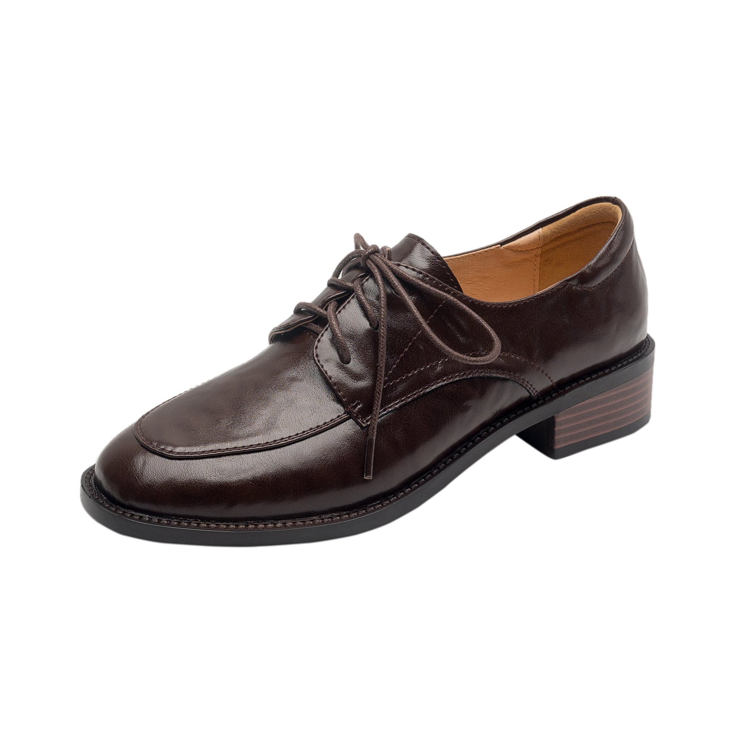 Women's Genuine Leather Casual Shoes Spring Fall Round Toe Lace-up Chunky Mid Heel Oxfords