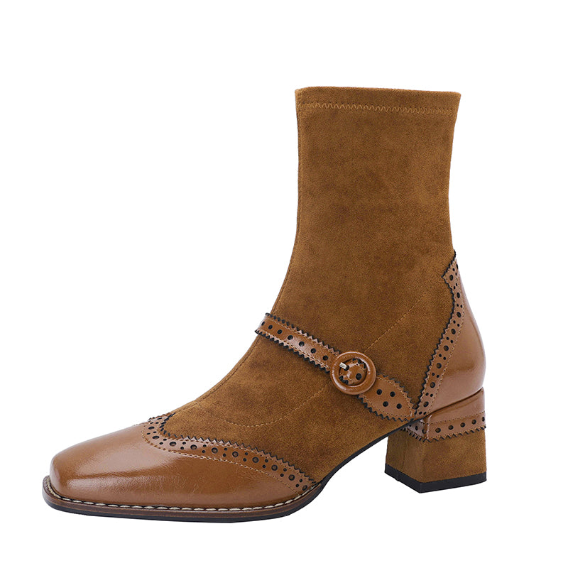 Women's Retro Horsehide Ankle Boots Vintage Square Toe Brogue Buckle Zipper Sock Booties