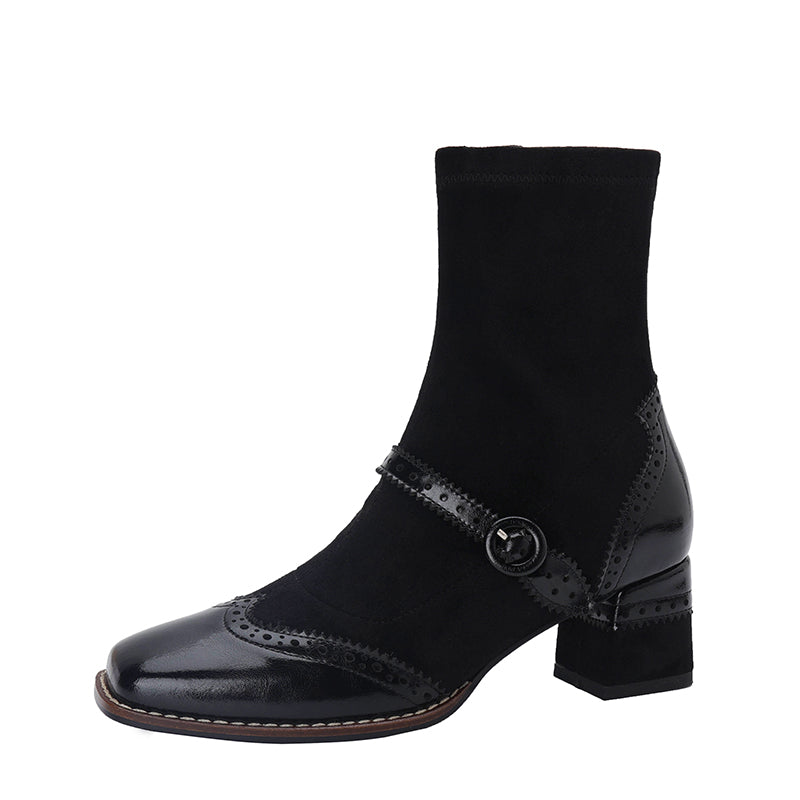 Women's Retro Horsehide Ankle Boots Vintage Square Toe Brogue Buckle Zipper Sock Booties