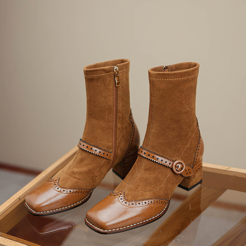 Women's Retro Horsehide Ankle Boots Vintage Square Toe Brogue Buckle Zipper Sock Booties