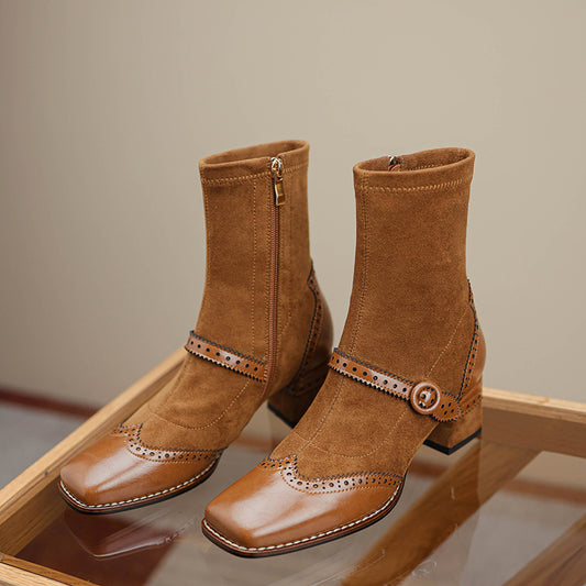 Women's Retro Horsehide Ankle Boots Vintage Square Toe Brogue Buckle Zipper Sock Booties