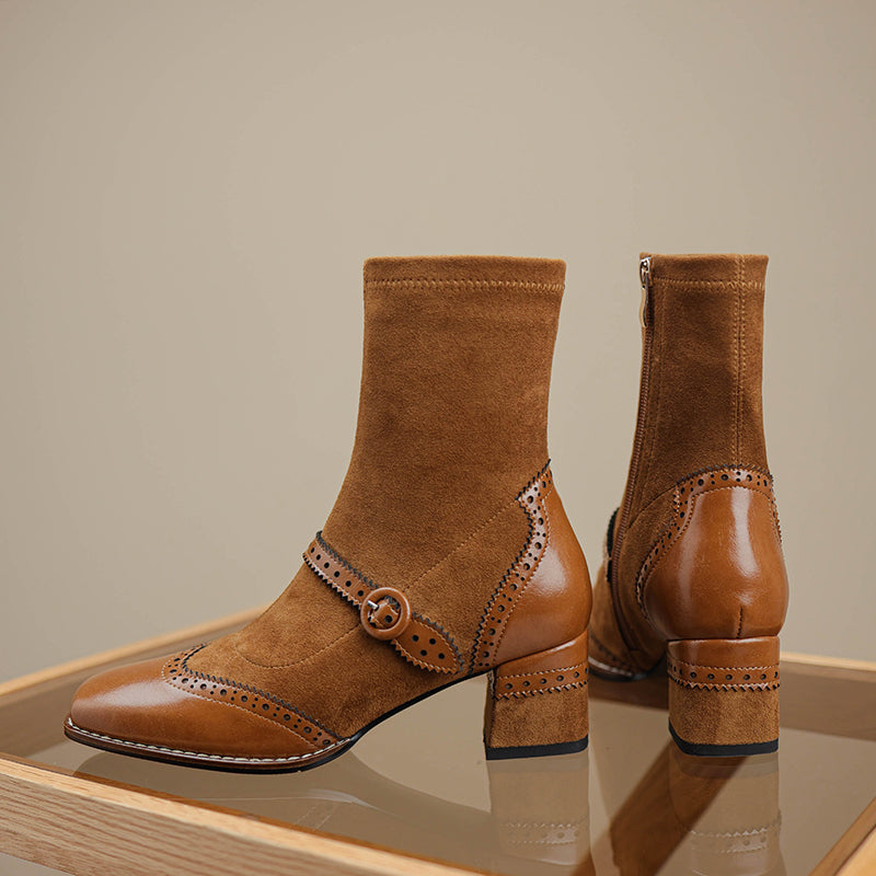 Women's Retro Horsehide Ankle Boots Vintage Square Toe Brogue Buckle Zipper Sock Booties