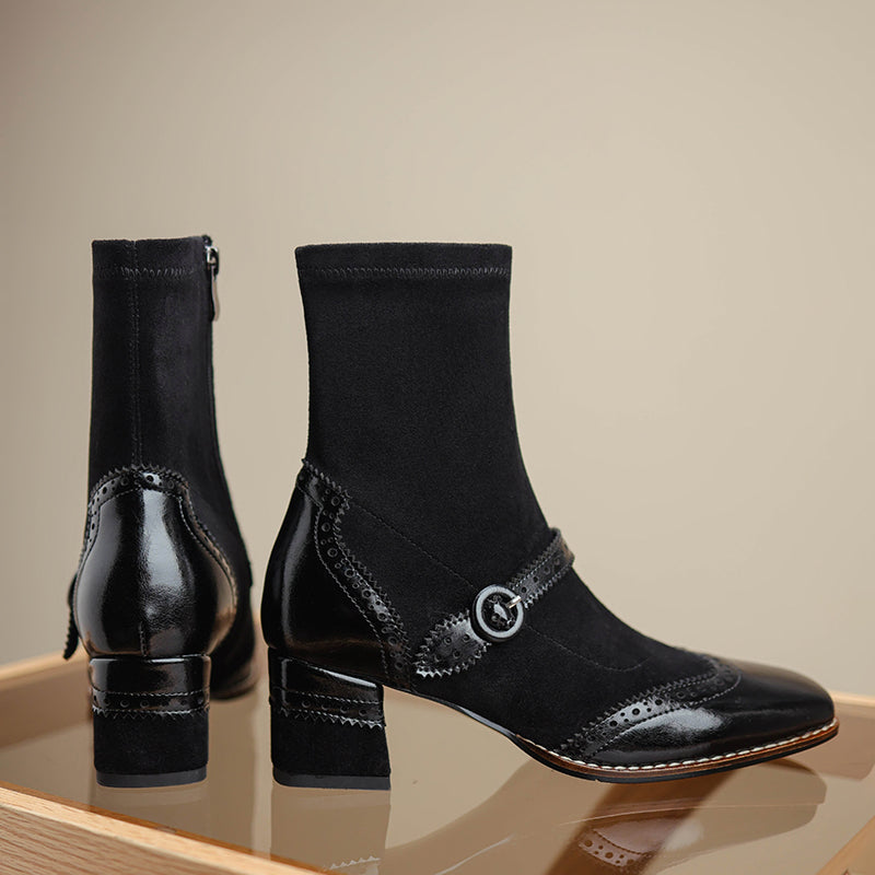 Women's Retro Horsehide Ankle Boots Vintage Square Toe Brogue Buckle Zipper Sock Booties