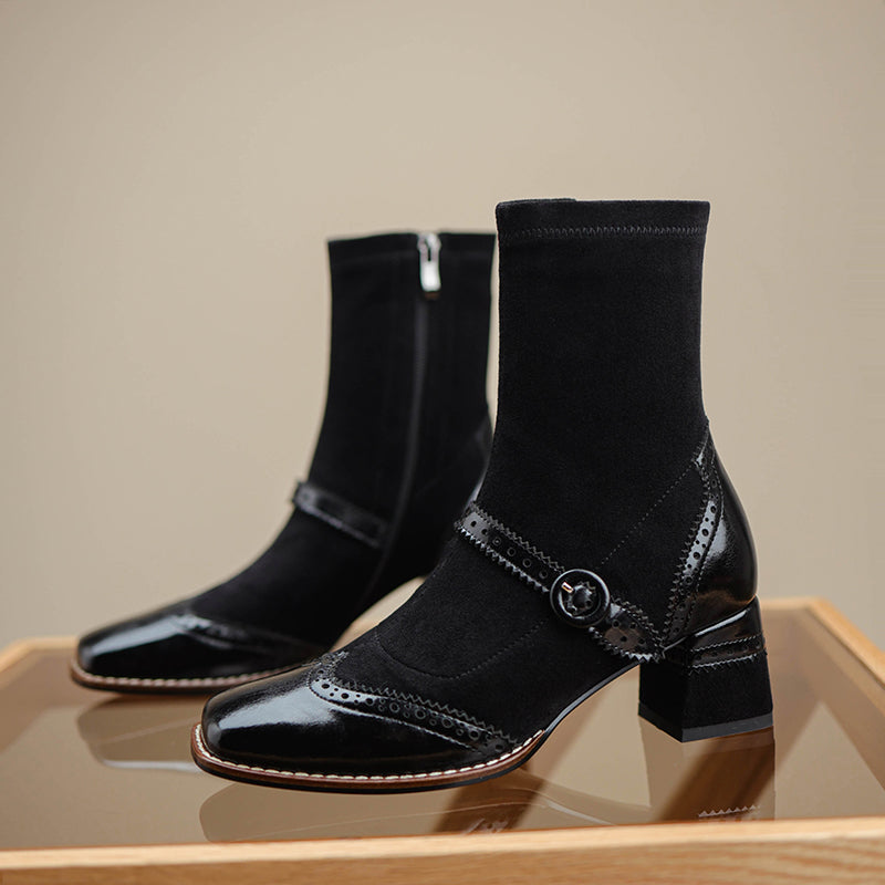 Women's Retro Horsehide Ankle Boots Vintage Square Toe Brogue Buckle Zipper Sock Booties