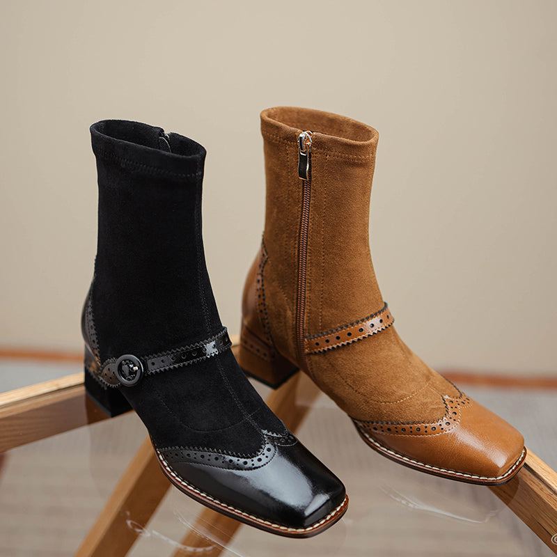 Women's Retro Horsehide Ankle Boots Vintage Square Toe Brogue Buckle Zipper Sock Booties