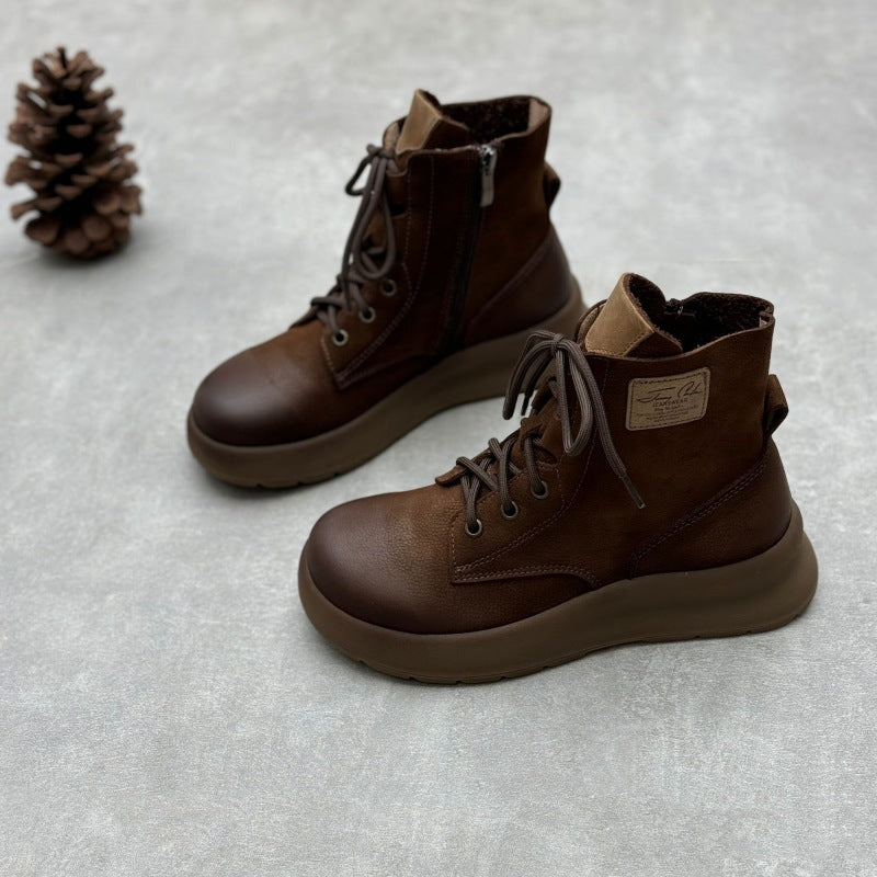 Women's Genuine Leather Vintage Casual Side Zipper Platform Ankle Boots