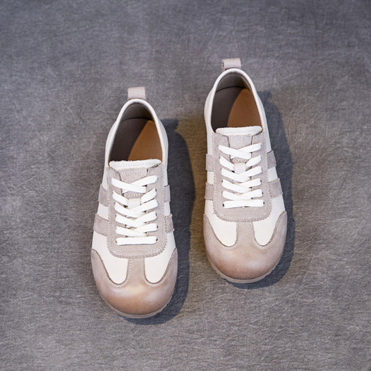 Women‘s Retro Cowhide Sneakers Vintage Round Toe Color Block Lace-up Flats