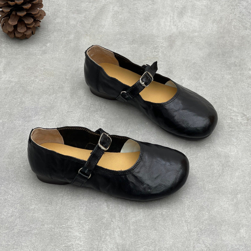 Women’s Handmade Sheepskin Mary Jane Flats – Vintage Round Toe Slip-On Shoes