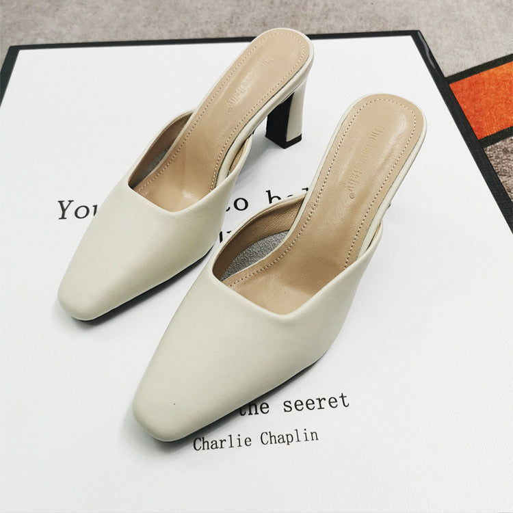 Women's Leather Square Toe High Heeled Mule Shoes