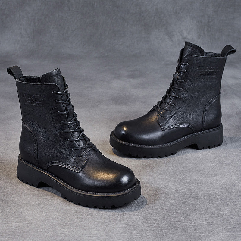 Women's Genuine Leather Casual Combat Boots with Side Zipper Closure