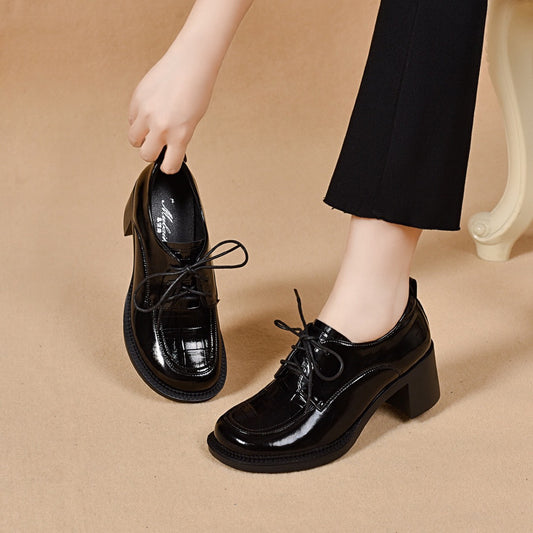 Women’s Patent Leather British Style Lace-Up Block Heel Loafers – Mid Heel Shoes