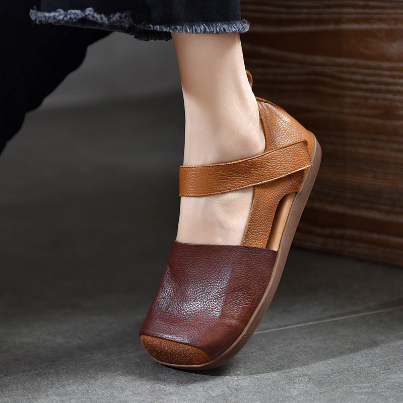 Handmade Leather Sandals - Women's Retro Square Toe Walking Flats with Velcro Strap