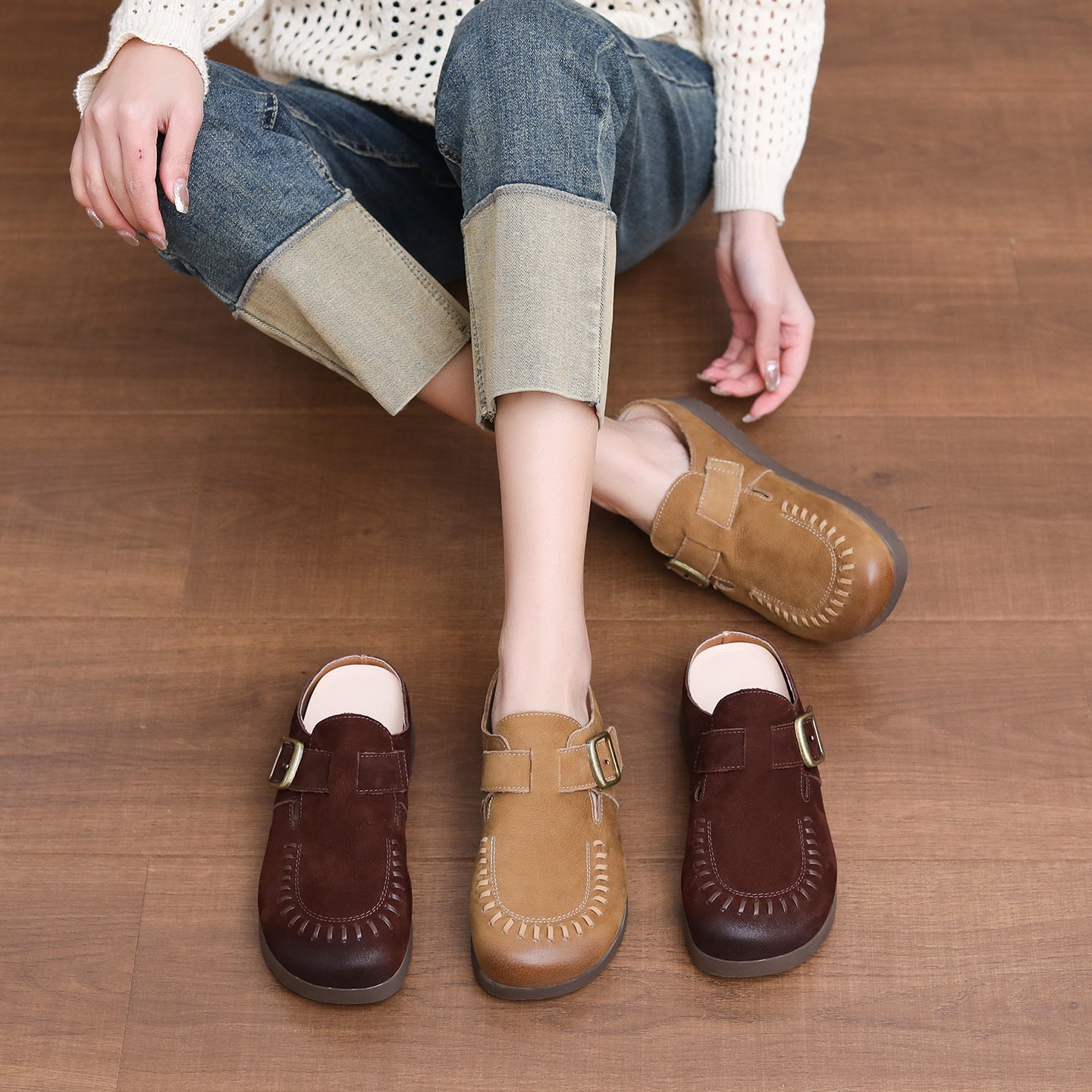 Women's Vintage Leather Mules - Hand-Stitched Artisanal Buckle Slides