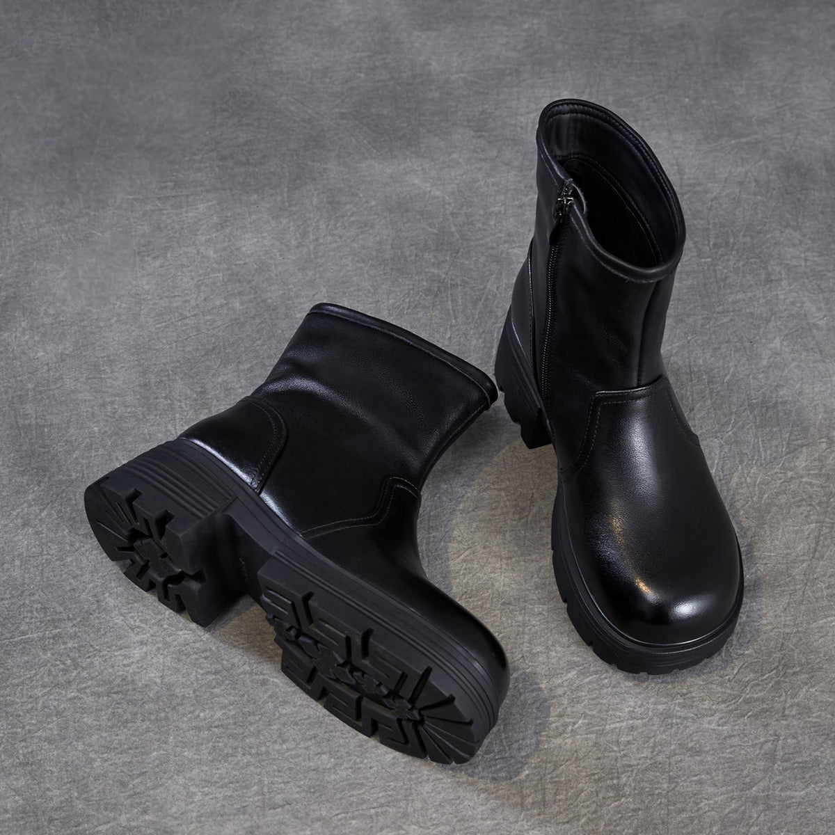 Women's Top-Grain Leather Ankle Boots Chunky Platform Block Heel Side Zipper Booties