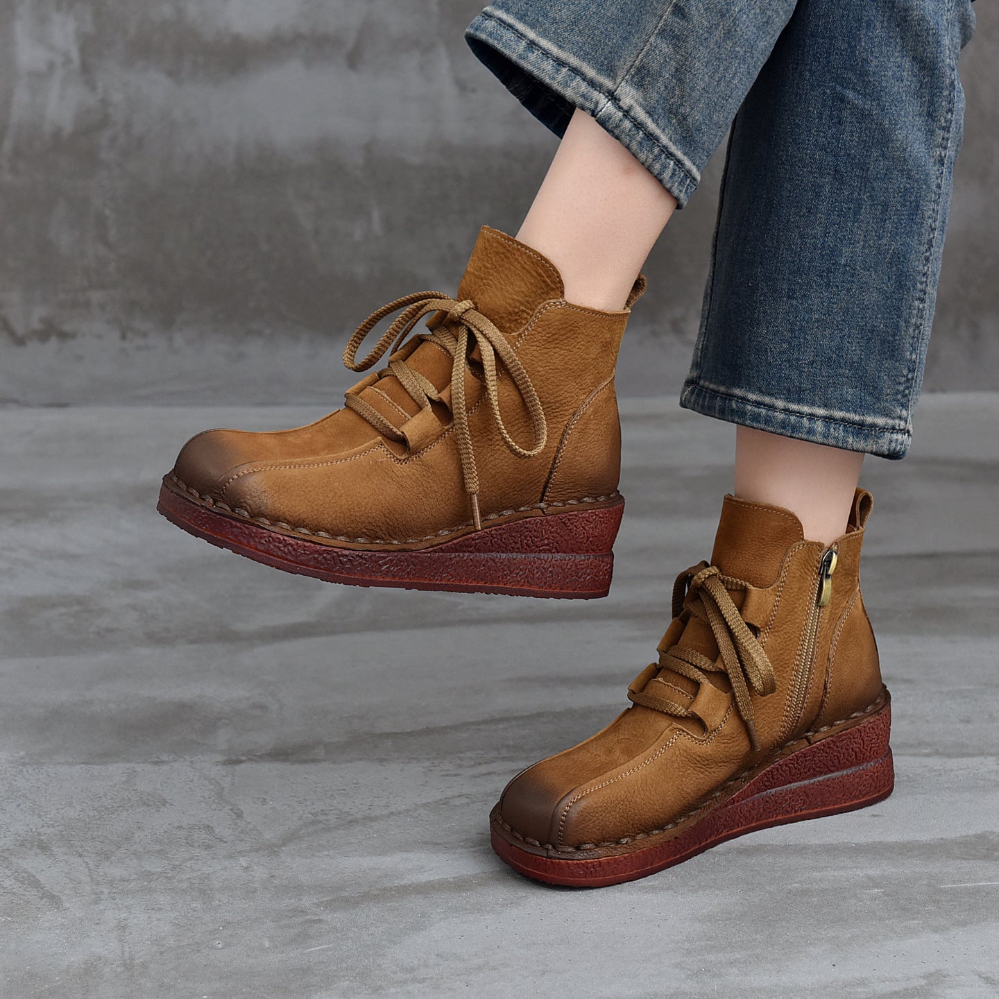 Women's Leather Short Boots – Vintage Wedge Heel Lace-Up Zipper Ankle Shoes