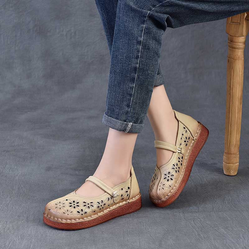 Women's Leather Floral Cutout Sandals – Breathable Summer Style