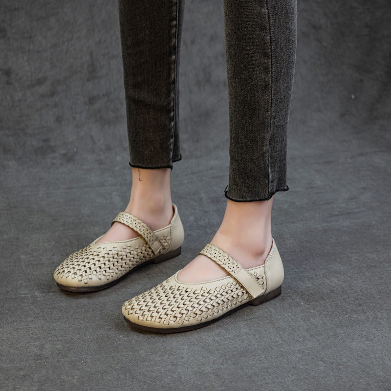 Genuine Leather Weaving Hollow Out Breathable Summer Velcro Women's Sandals
