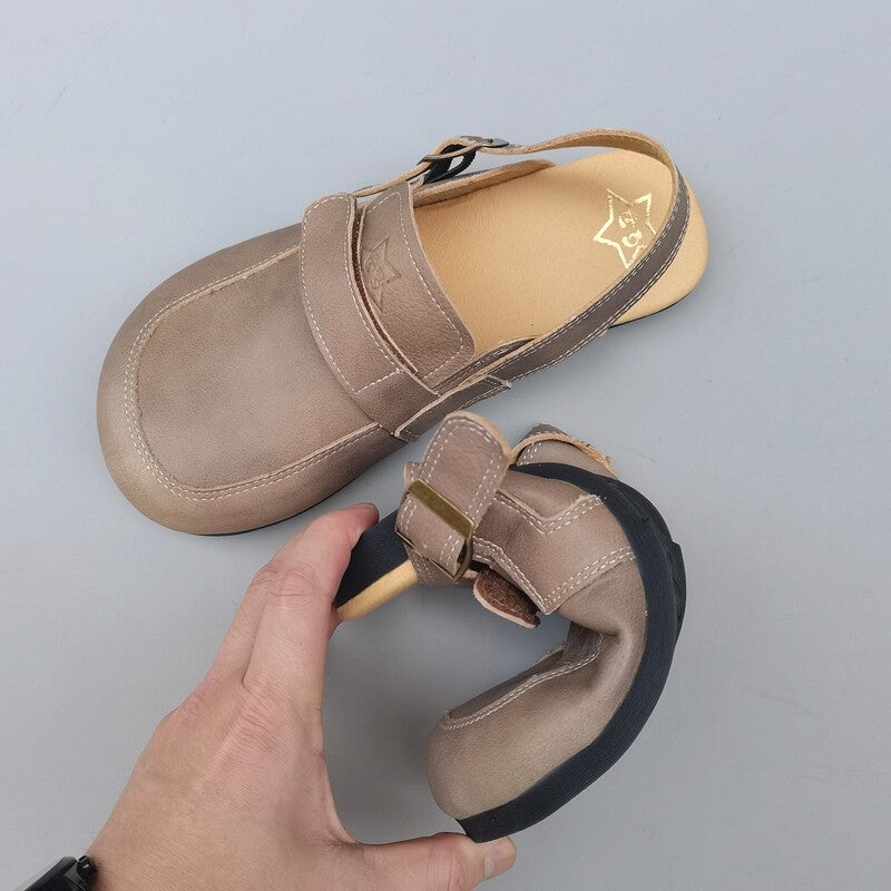 Women's Leather Sandals - Vintage Contrast Stitching Flexible Slip-On Mule Slides with Slingback Strap