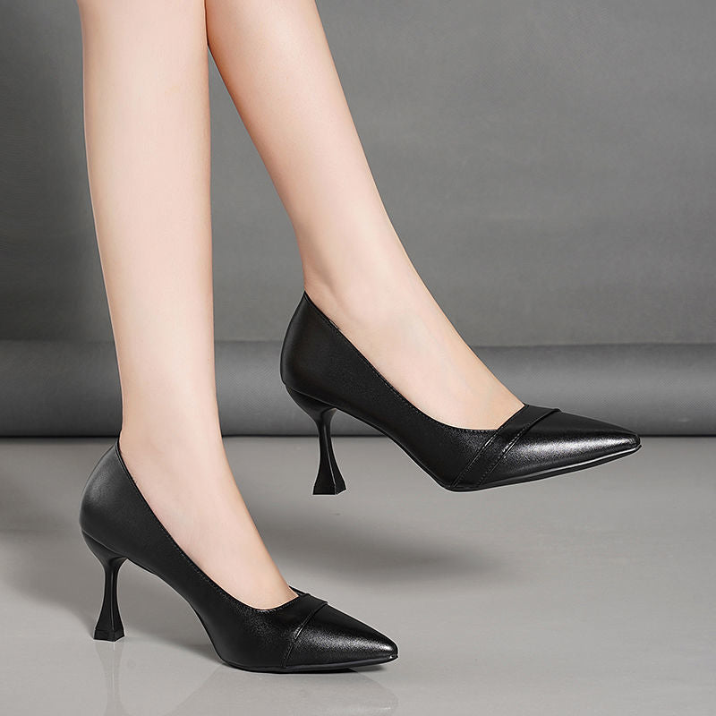 Women's Leather Business Work Black Heeled Pump