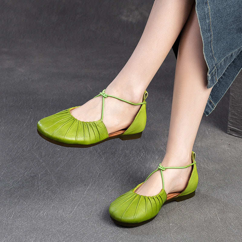 Women's Pleated Cowhide Flats - Wide-Toe Closed-Toe Sandals - Elastic Cross-Strap
