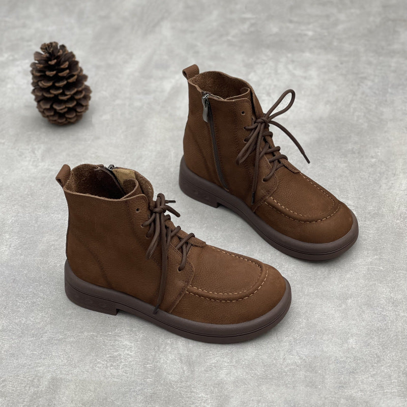 Comfy Vintage Zip Ankle Boots for Women – Lace Up Soft Leather Style