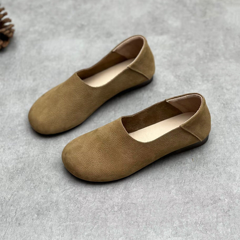 Women’s Minimalist Vintage Handmade Leather Flats – Retro Round Toe Slip-On Shoes