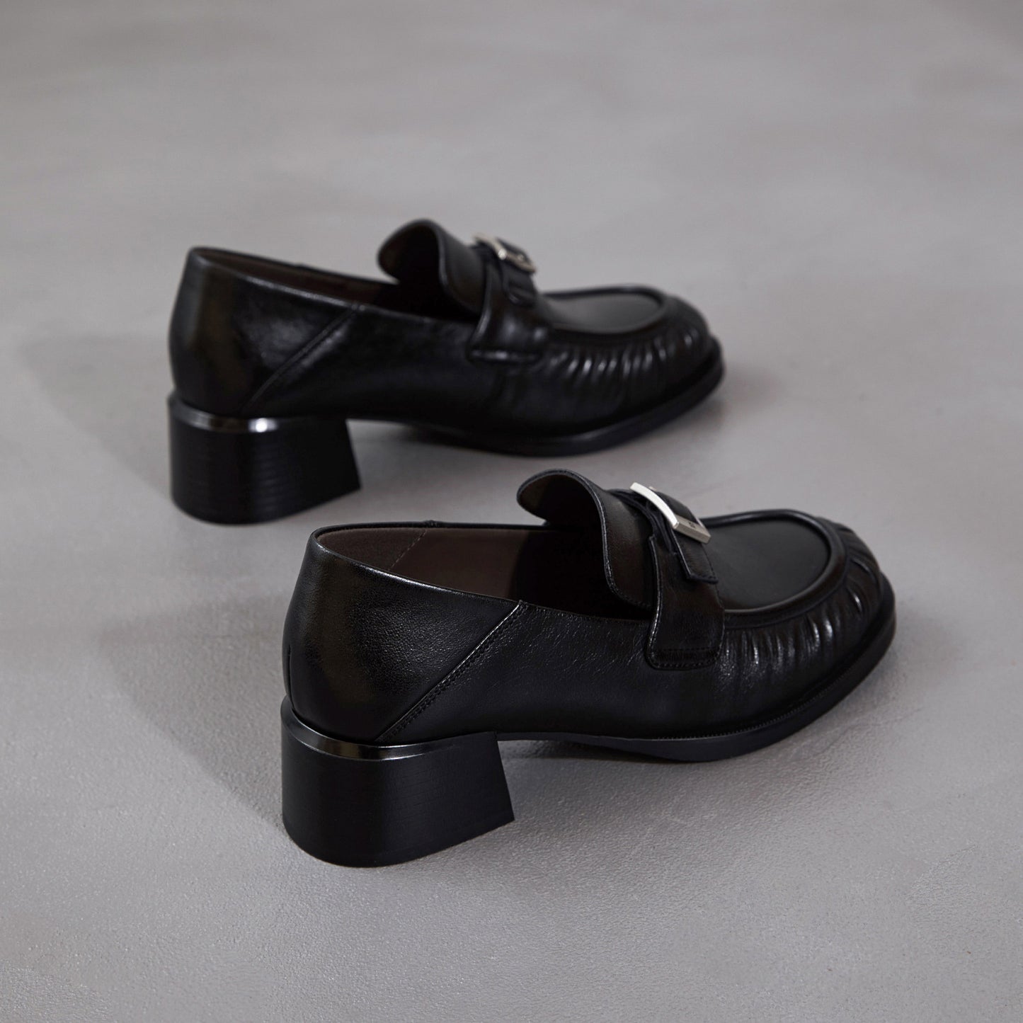 Women's Sheepskin Loafers - Ruched Leather Buckle Block Heel