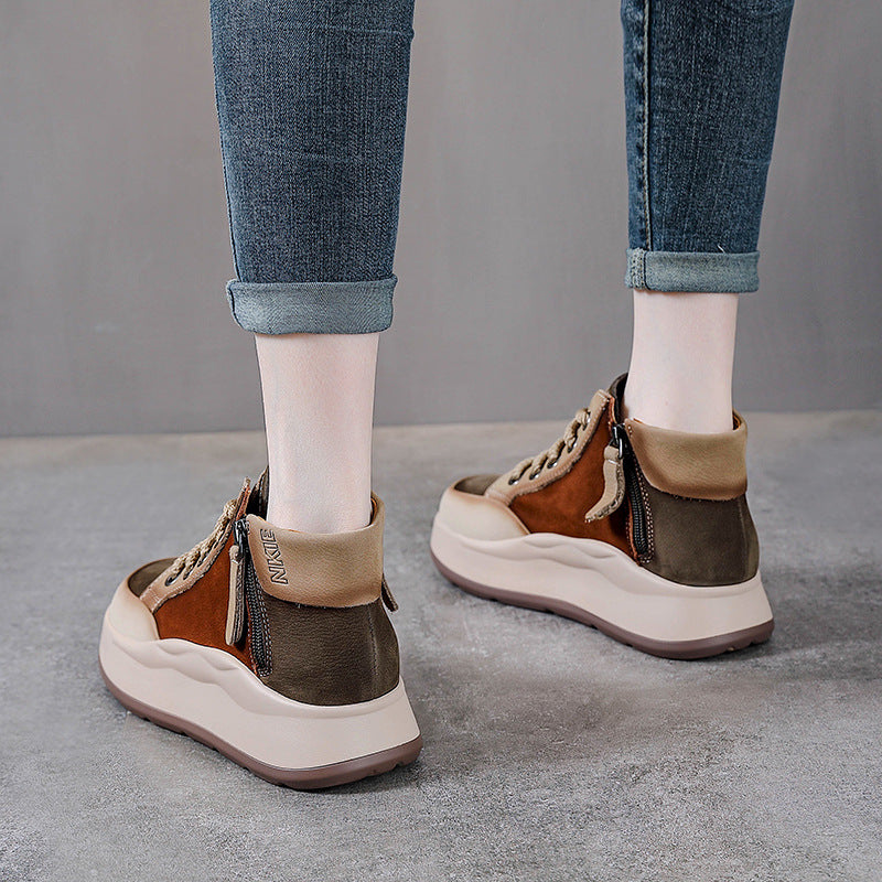 Women’s Leather Colour-Block High-Top Platform Boots – Side Zip Casual Shoes