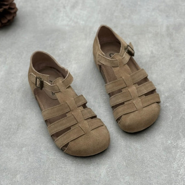 Women's Closed Toe Retro Flat Suede Leather Woven Casual Sandals