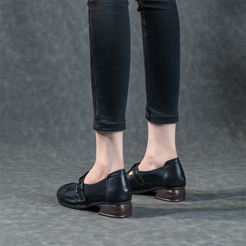 Women's Leather Casual Buckle Up Slip On Low Heeled Loafers