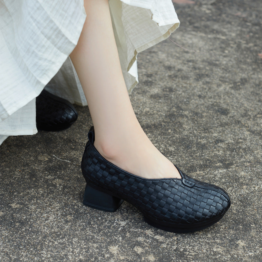 Women's Hand-Woven Loafers - Breathable Unlined Leather Shoes - Wedge Heel