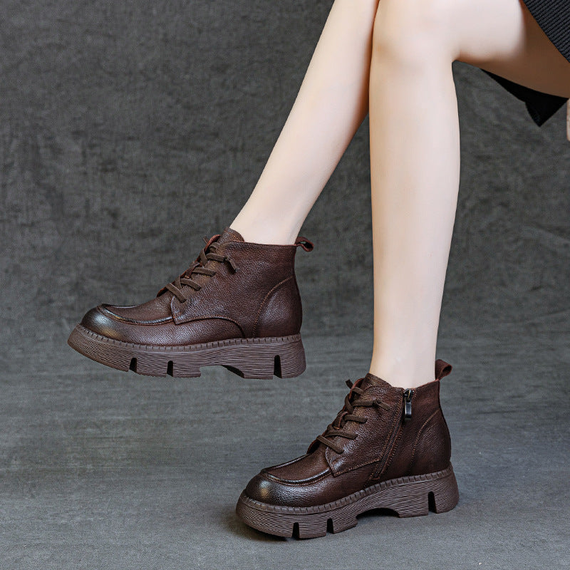 Women's Vintage Leather Platform Ankle Boots – Lace-Up Zipper Non-Slip Style
