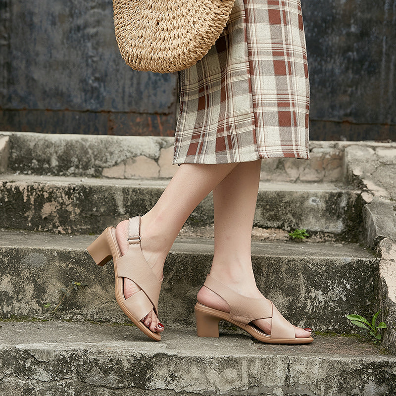 Women's Leather Open Toe Block Heel Cross Strap Sandals