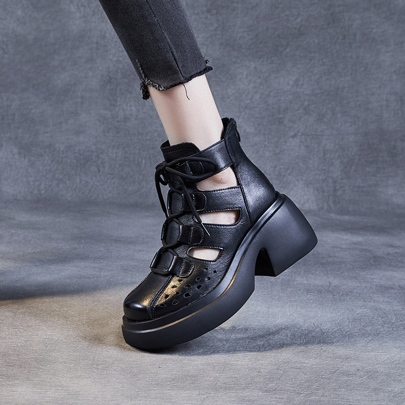 Breathable Leather Cut-out Sandals for Women - High Platform Gladiator Boots with Lace-up & Zipper