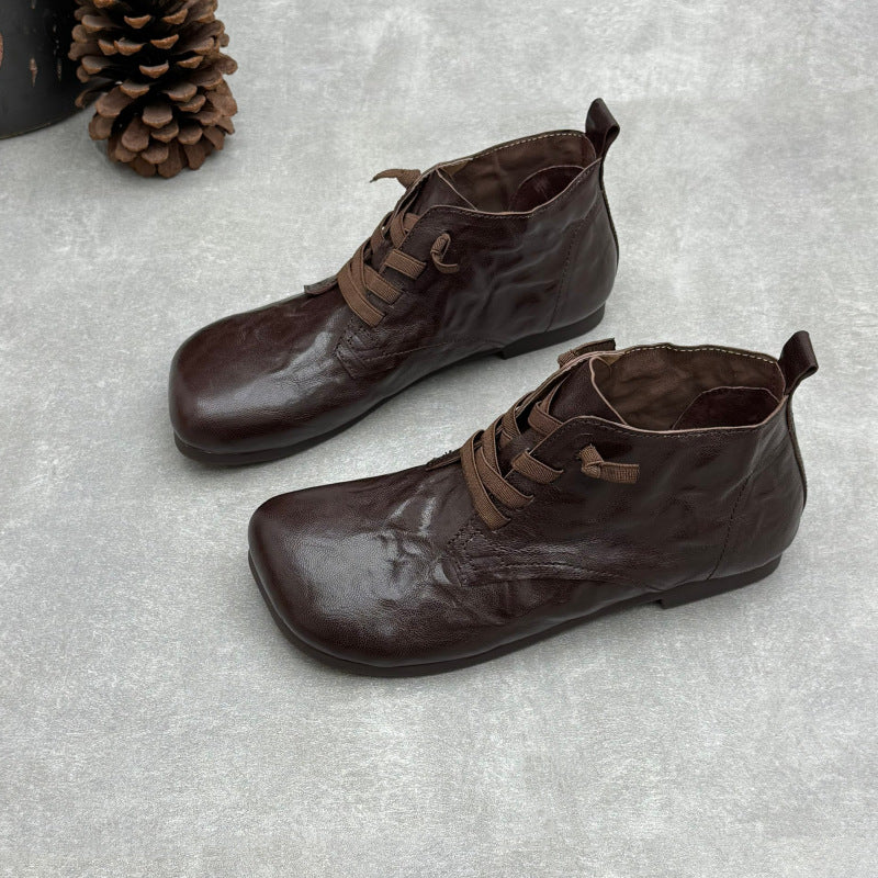 Women's Vintage Lambskin Ankle Booties Soft Sole Square Toe Elastic Slip-On Shoes