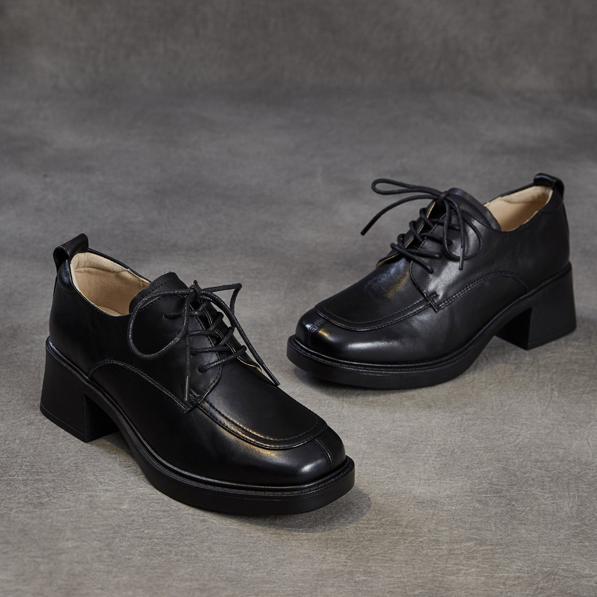 Women's Top-Grain Leather Oxford Shoes Chunky High Heel Lace Up Platform Pumps